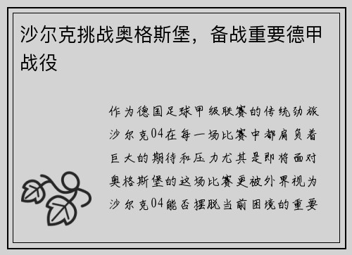 沙尔克挑战奥格斯堡，备战重要德甲战役