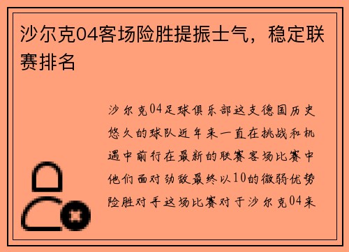 沙尔克04客场险胜提振士气，稳定联赛排名